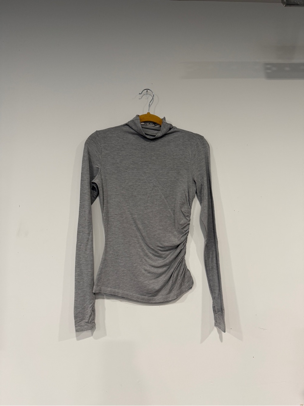 Michael Stars Gray Mock Neck Long-Sleeve Ruched Tee
